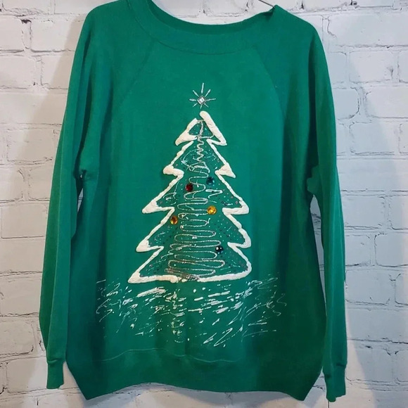 Vintage 90's Hanes Sport Christmas Tree Long Sleeve Sweatshirt - Picture 1 of 6